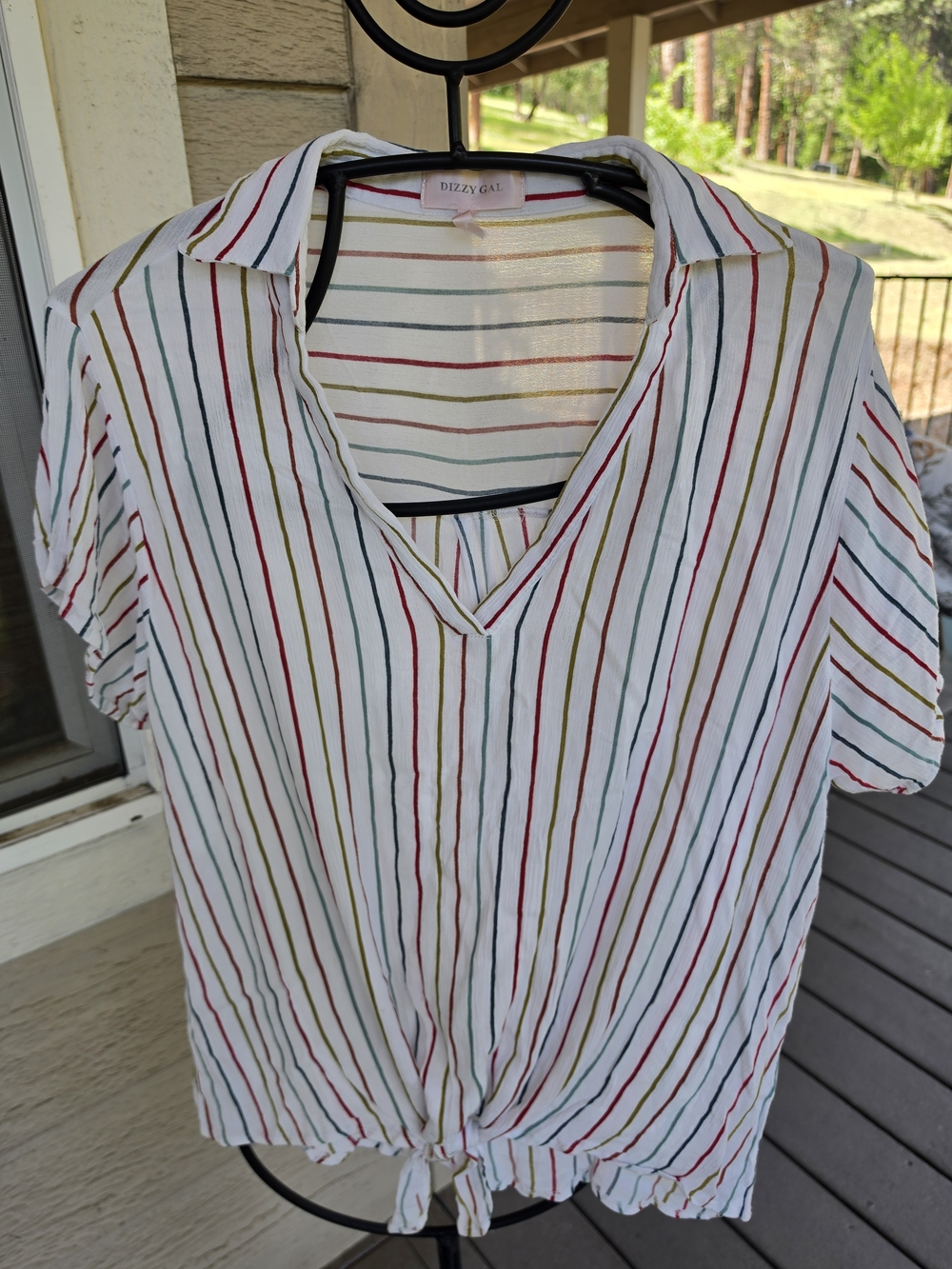 Dizzy Gail White Multicolor Stripe V-Neck Tie-Hem Top